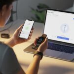 A person sitting at a desk holding a fitness tracker and smartphone, looking puzzled as they try to connect the devices.