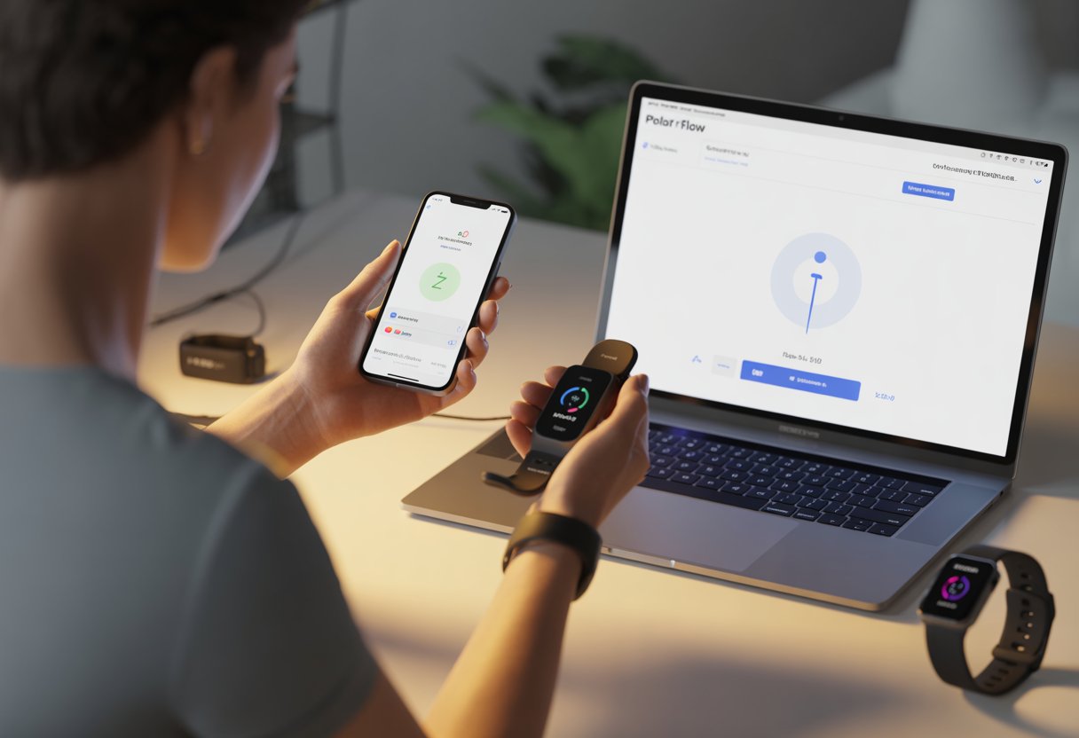 A person sitting at a desk holding a fitness tracker and smartphone, looking puzzled as they try to connect the devices.