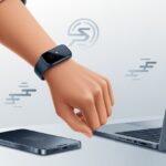 A wrist wearing a fitness tracker separated from a smartphone and laptop, with broken connection icons indicating syncing problems.