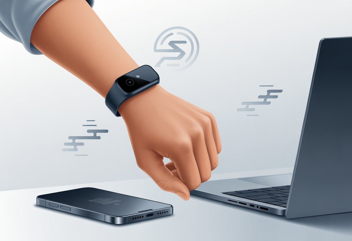A wrist wearing a fitness tracker separated from a smartphone and laptop, with broken connection icons indicating syncing problems.