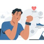 A person sitting at a desk looking puzzled while checking their wrist fitness tracker with icons around representing heart rate, activity, and settings.