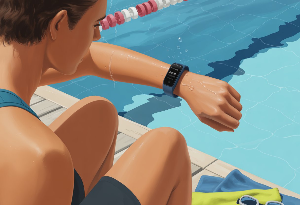 A person sitting by a swimming pool, looking at their unresponsive fitness tracker on their wrist with a puzzled expression.