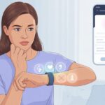 A woman looking at her wrist wearing a fitness tracker with health icons visible, while a smartphone screen in the background shows missing menstrual cycle data.