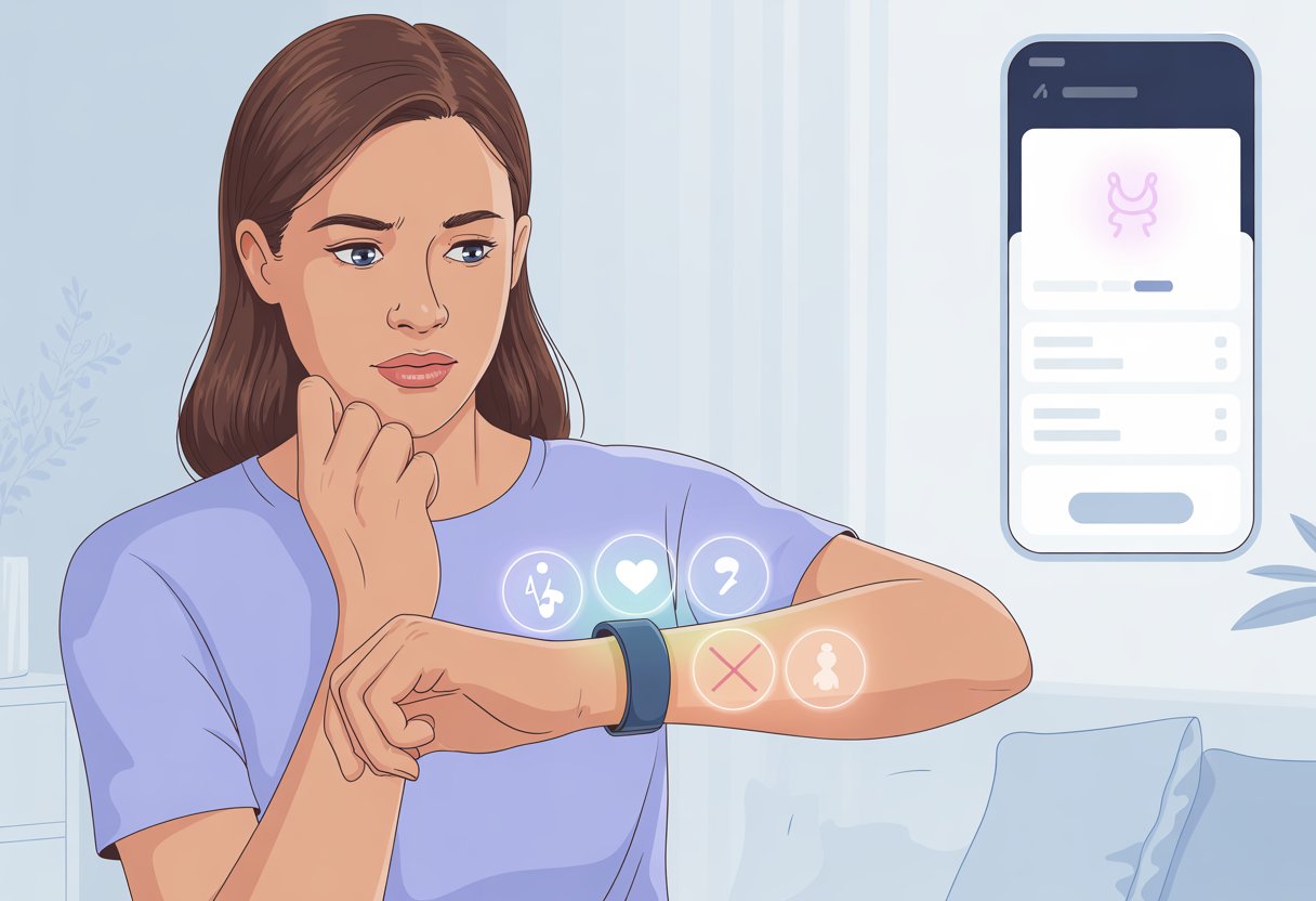 A woman looking at her wrist wearing a fitness tracker with health icons visible, while a smartphone screen in the background shows missing menstrual cycle data.