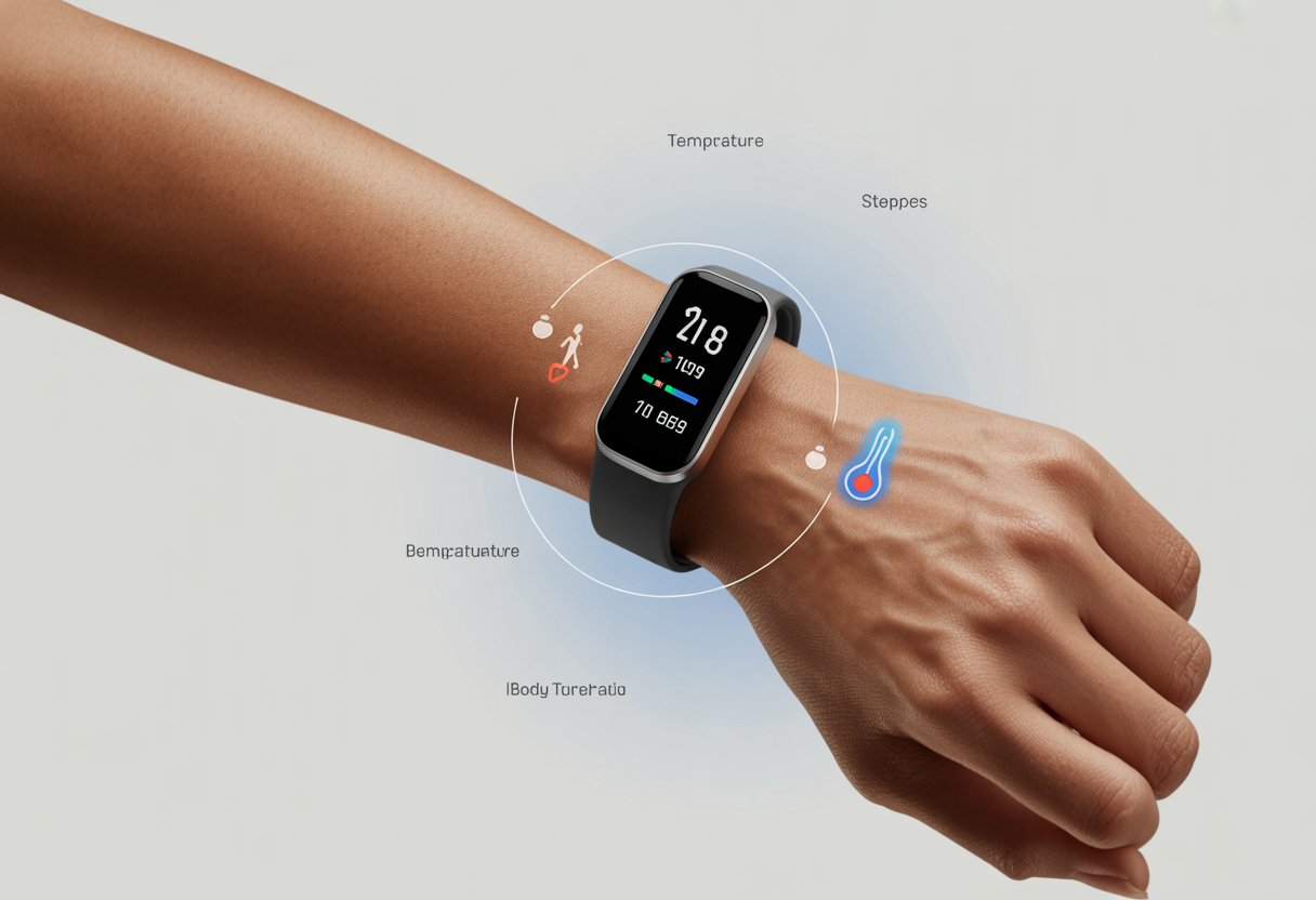 Close-up of a wrist wearing a fitness tracker showing fitness data but no body temperature reading.