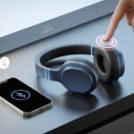 A pair of Bluetooth headphones on a desk next to a smartphone with icons showing connection and issues around the headphones.