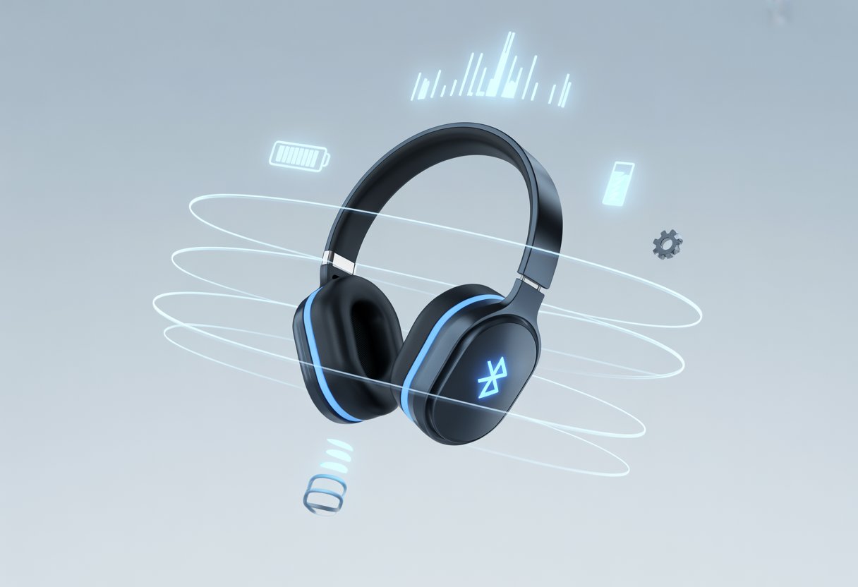 A pair of Bluetooth headphones with icons representing low battery, weak signal, and settings around them.