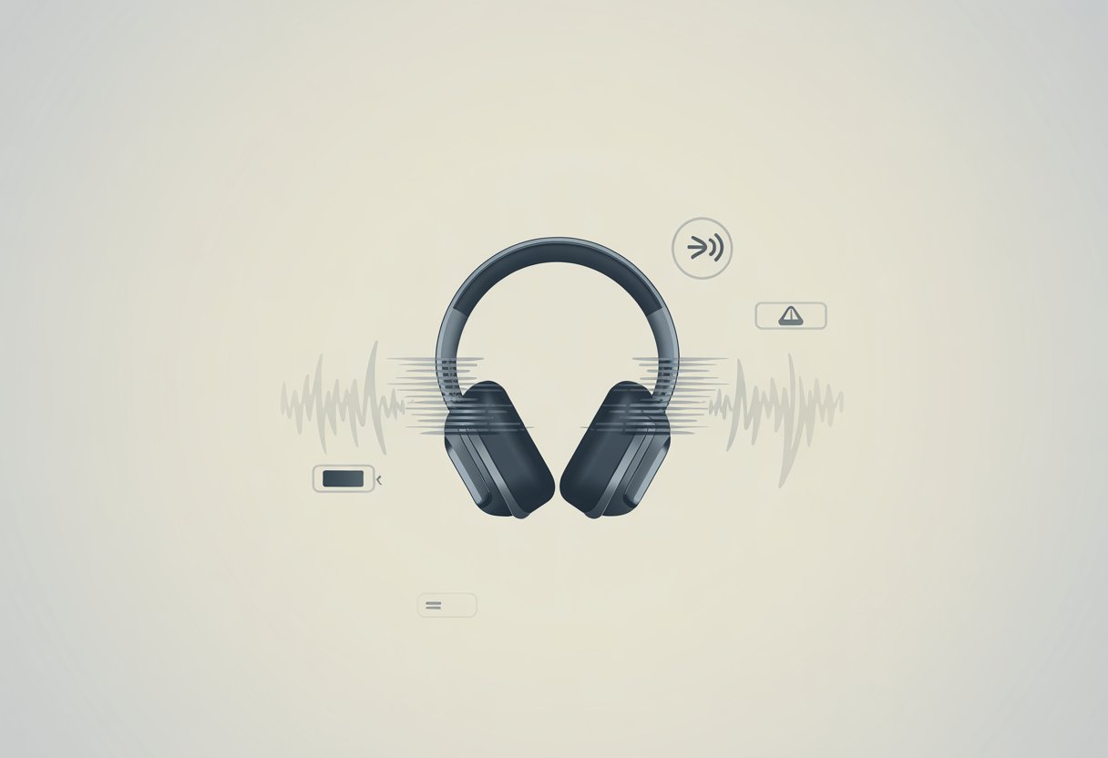 A pair of Bluetooth headphones surrounded by icons indicating wireless signals, low battery, and warnings, suggesting technical issues.