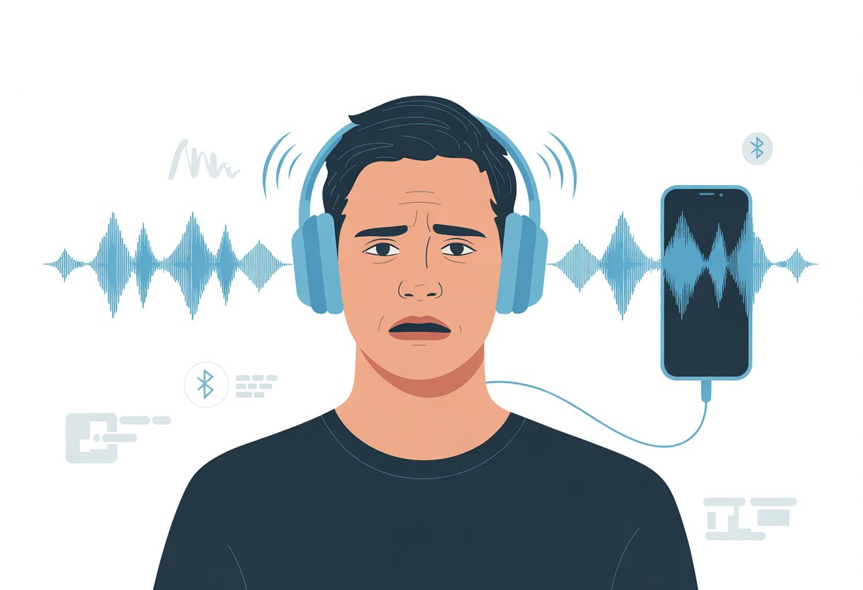 A person wearing Bluetooth headphones with overlapping sound waves around them, showing an echo effect, connected wirelessly to a smartphone.