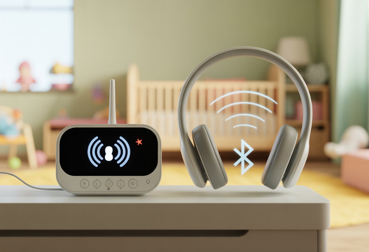 A baby monitor and Bluetooth headphones placed near each other in a nursery, showing a connection problem between the two devices.