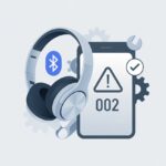 A pair of Bluetooth headphones next to a device showing an error icon with symbols representing troubleshooting and a solution.