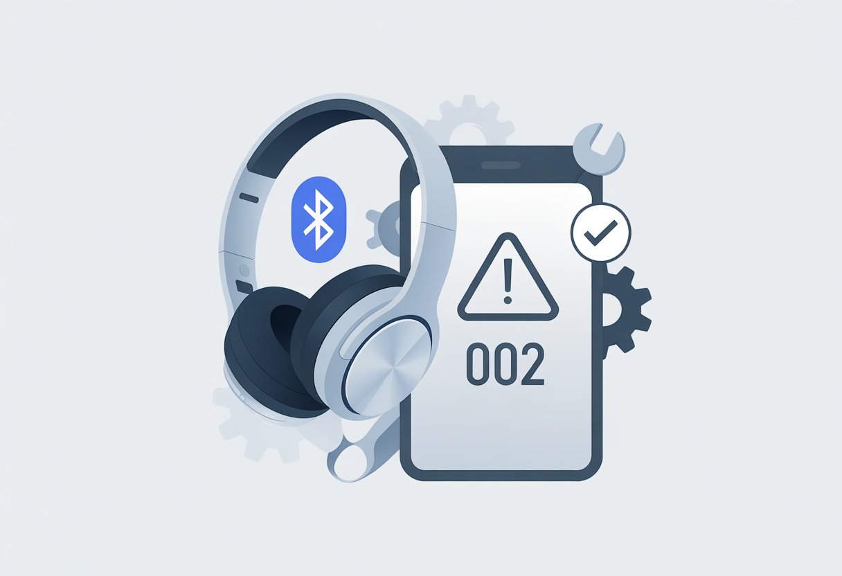 A pair of Bluetooth headphones next to a device showing an error icon with symbols representing troubleshooting and a solution.