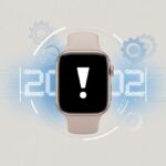 Close-up of a modern smartwatch showing an error symbol on its screen with abstract tech elements around it representing troubleshooting.