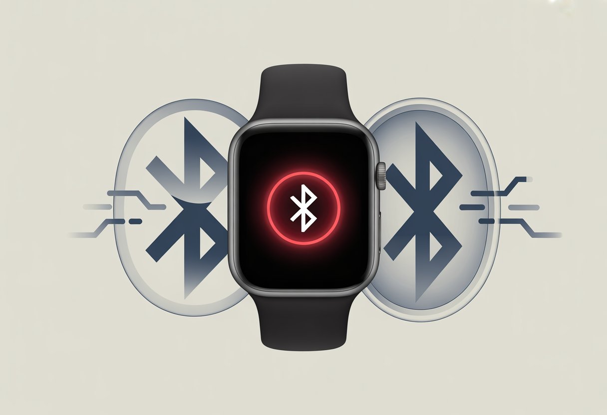 Close-up of a smartwatch showing a red warning icon and broken Bluetooth connection symbols around it.