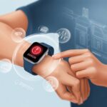 A hand wearing a fitness tracker with a red warning icon on its screen, surrounded by icons representing connectivity and health metrics, with a faint device schematic in the background.