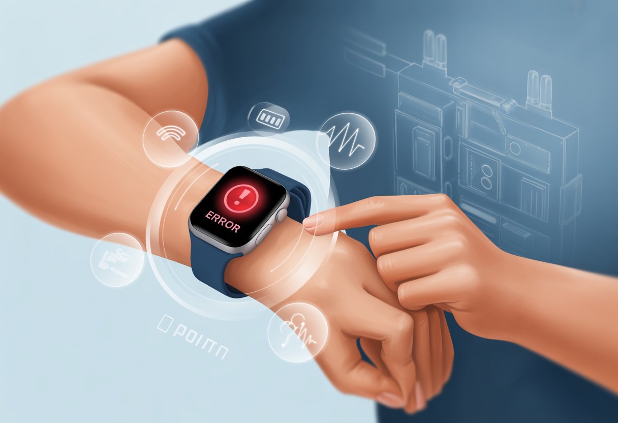 A hand wearing a fitness tracker with a red warning icon on its screen, surrounded by icons representing connectivity and health metrics, with a faint device schematic in the background.