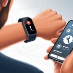 A close-up of a fitness tracker showing an error symbol on a wrist, with a hand holding a smartphone displaying repair icons.