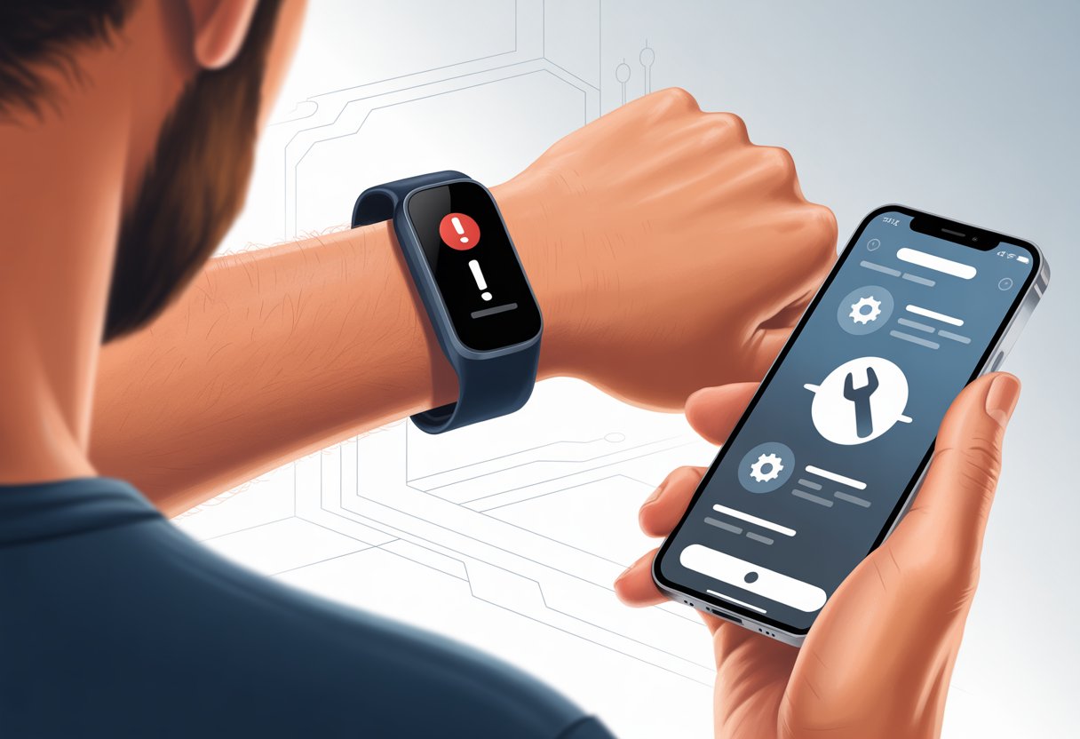 A close-up of a fitness tracker showing an error symbol on a wrist, with a hand holding a smartphone displaying repair icons.
