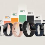 Several Fitbit devices arranged side by side with visual battery indicators showing different battery life levels.