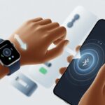 A hand holding a smartwatch next to a smartphone with glowing connection icons and arrows indicating pairing between the two devices.