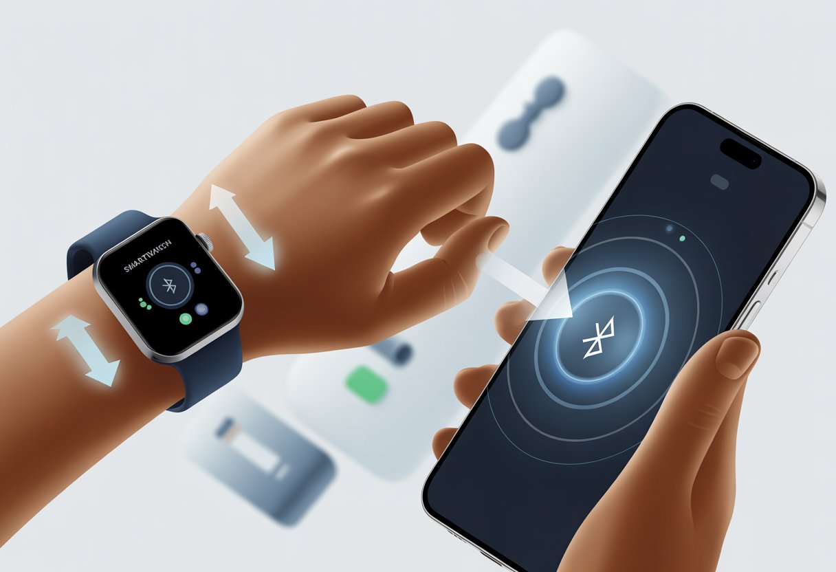 A hand holding a smartwatch next to a smartphone with glowing connection icons and arrows indicating pairing between the two devices.