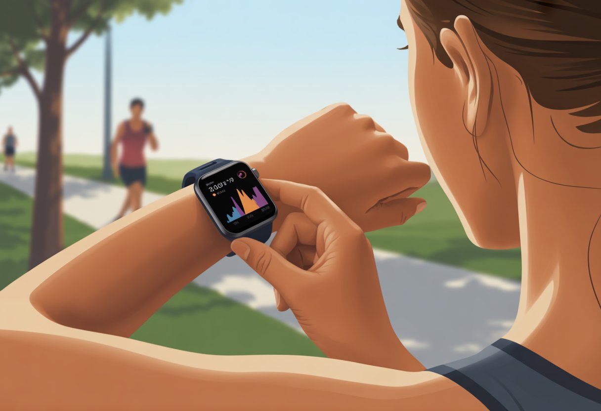 A person wearing a smartwatch outdoors, tracking their fitness activity with visible workout data on the watch screen.