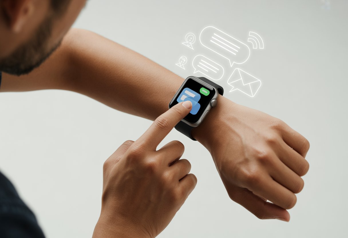 Close-up of a person tapping a smartwatch screen on their wrist, showing a messaging app interface with floating message icons around it.