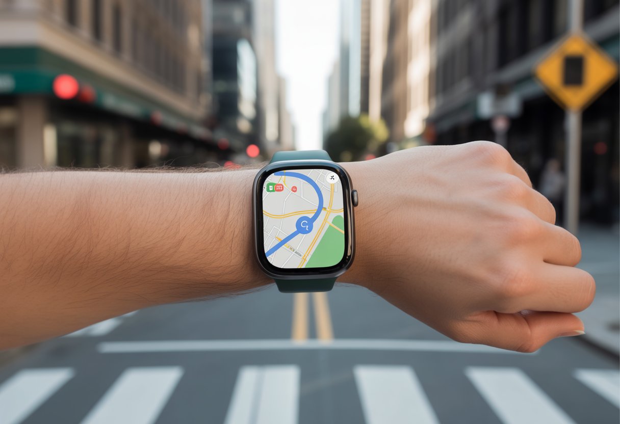 A person wearing a smartwatch showing a map with a navigation route, with a city street in the background.