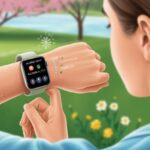 How to Use a Smartwatch for Allergy Tracking Without Sneezing Through Your Day A person outdoors wearing a smartwatch that shows allergy tracking features, surrounded by trees and flowers.