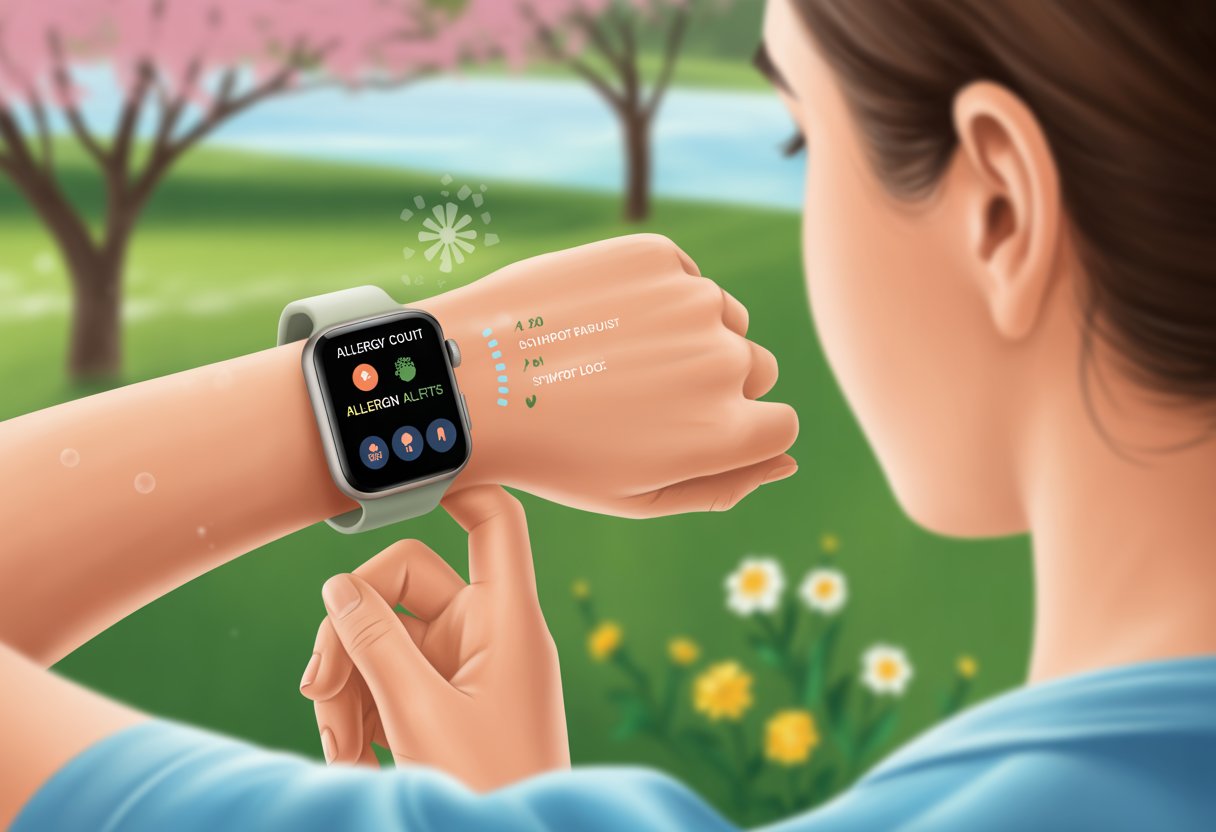 A person outdoors wearing a smartwatch that shows allergy tracking features, surrounded by trees and flowers.