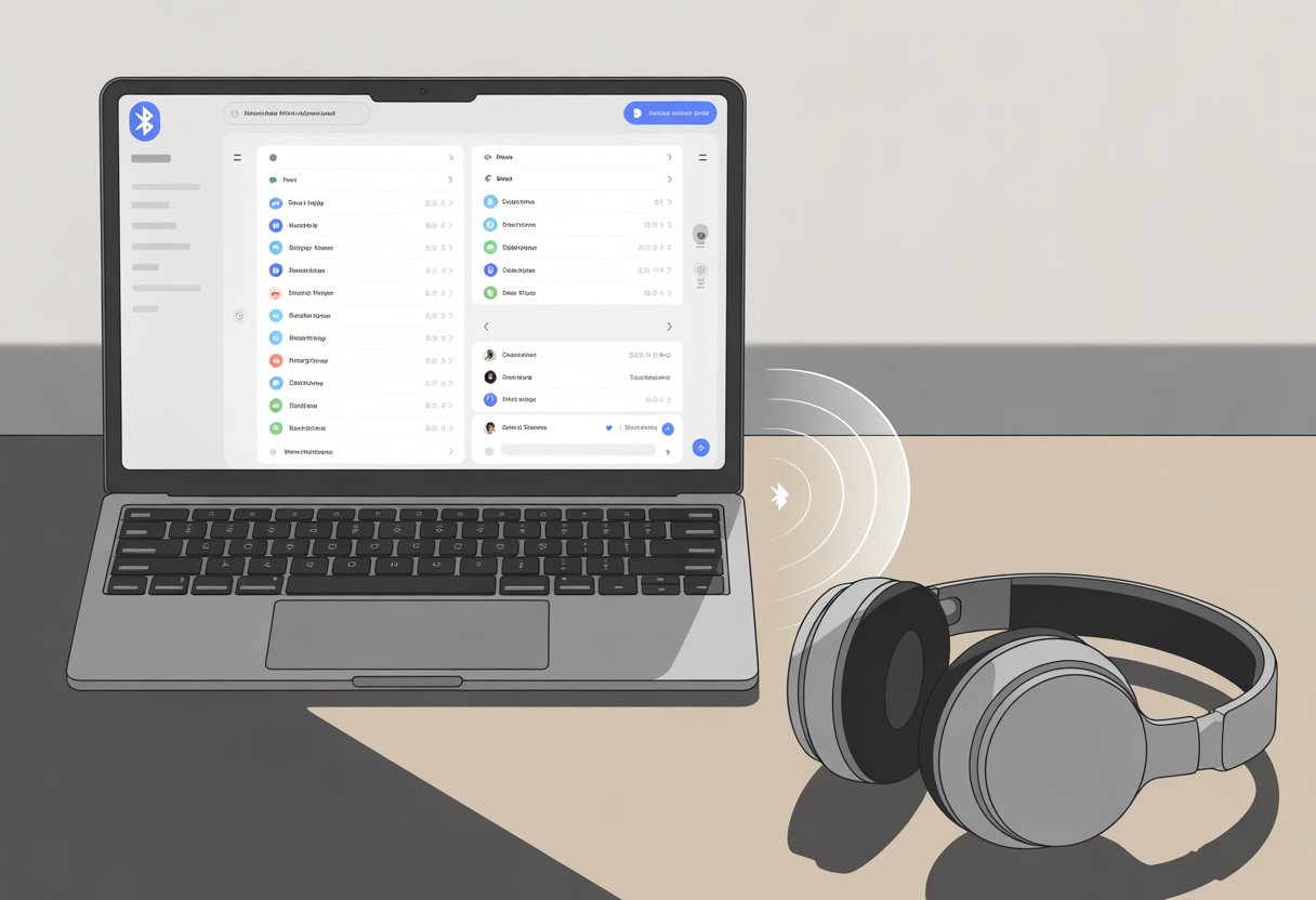 A laptop and Bluetooth headphones connected wirelessly, showing the connection process.