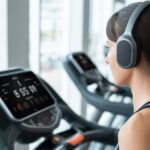 A person running on a treadmill wearing Bluetooth headphones in a gym.