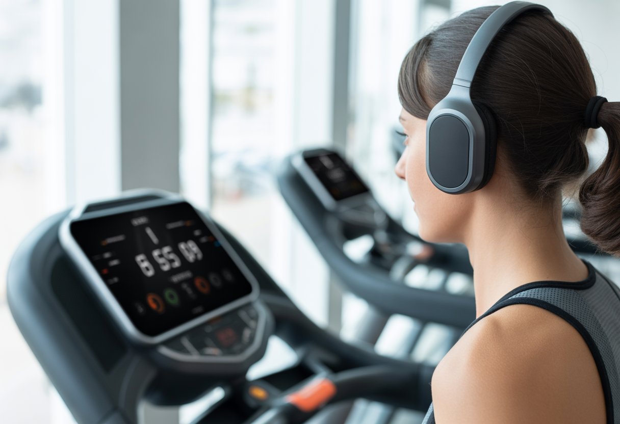 A person running on a treadmill wearing Bluetooth headphones in a gym.