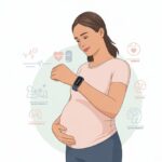 How to Use a Fitness Tracker for Pregnancy Tracking: Step Counting With a Side of Cravings A pregnant woman looking at a fitness tracker on her wrist while gently touching her belly, with icons representing health and pregnancy tracking around the device.