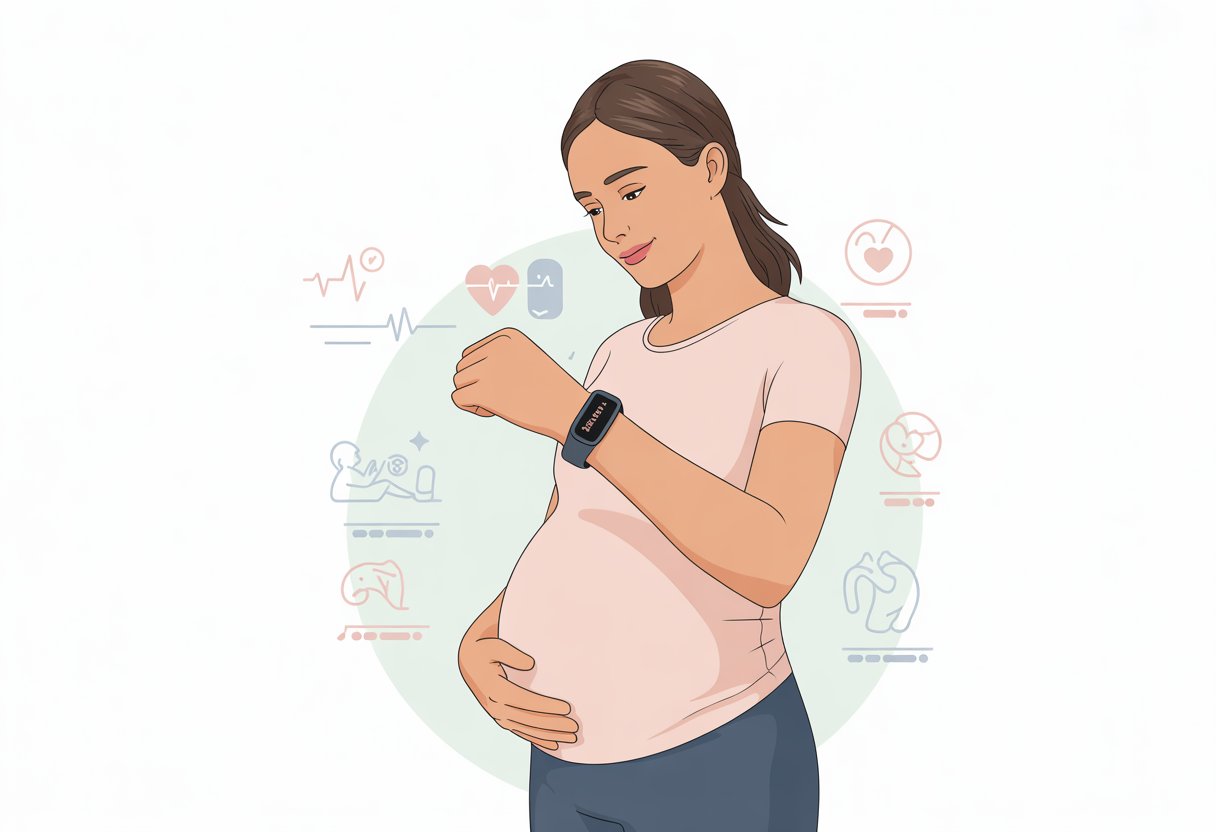 A pregnant woman looking at a fitness tracker on her wrist while gently touching her belly, with icons representing health and pregnancy tracking around the device.