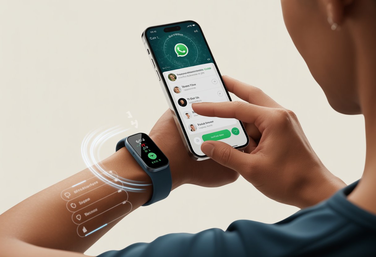 A person wearing a fitness tracker on their wrist interacts with a smartphone showing the WhatsApp interface, with digital connection visuals between the devices.