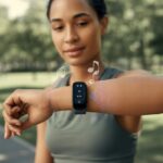 A person outdoors wearing a fitness tracker on their wrist, using it to control music with musical notes visible around the wrist.