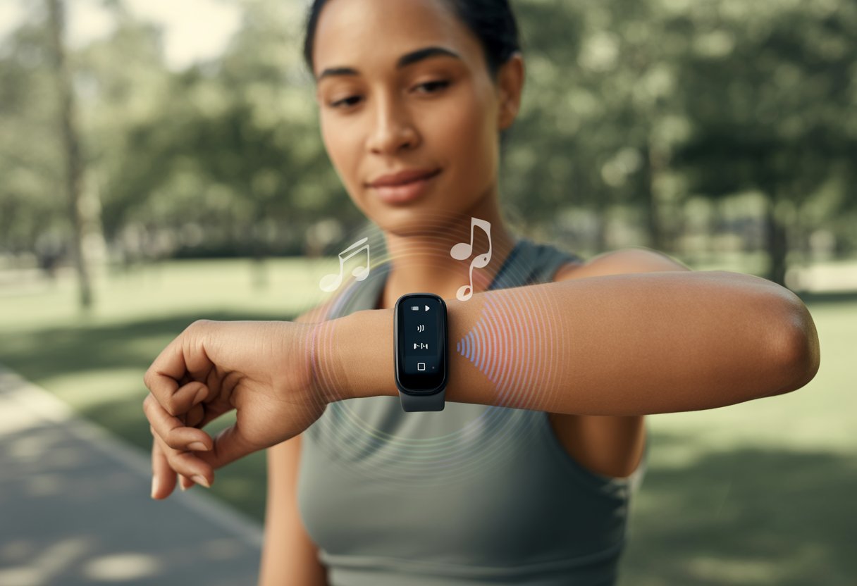 A person outdoors wearing a fitness tracker on their wrist, using it to control music with musical notes visible around the wrist.
