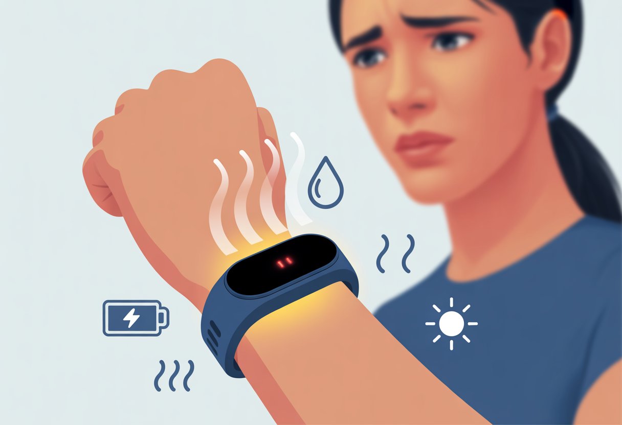 Close-up of a fitness tracker on a wrist showing signs of overheating with heat waves, and a person looking concerned in the background.