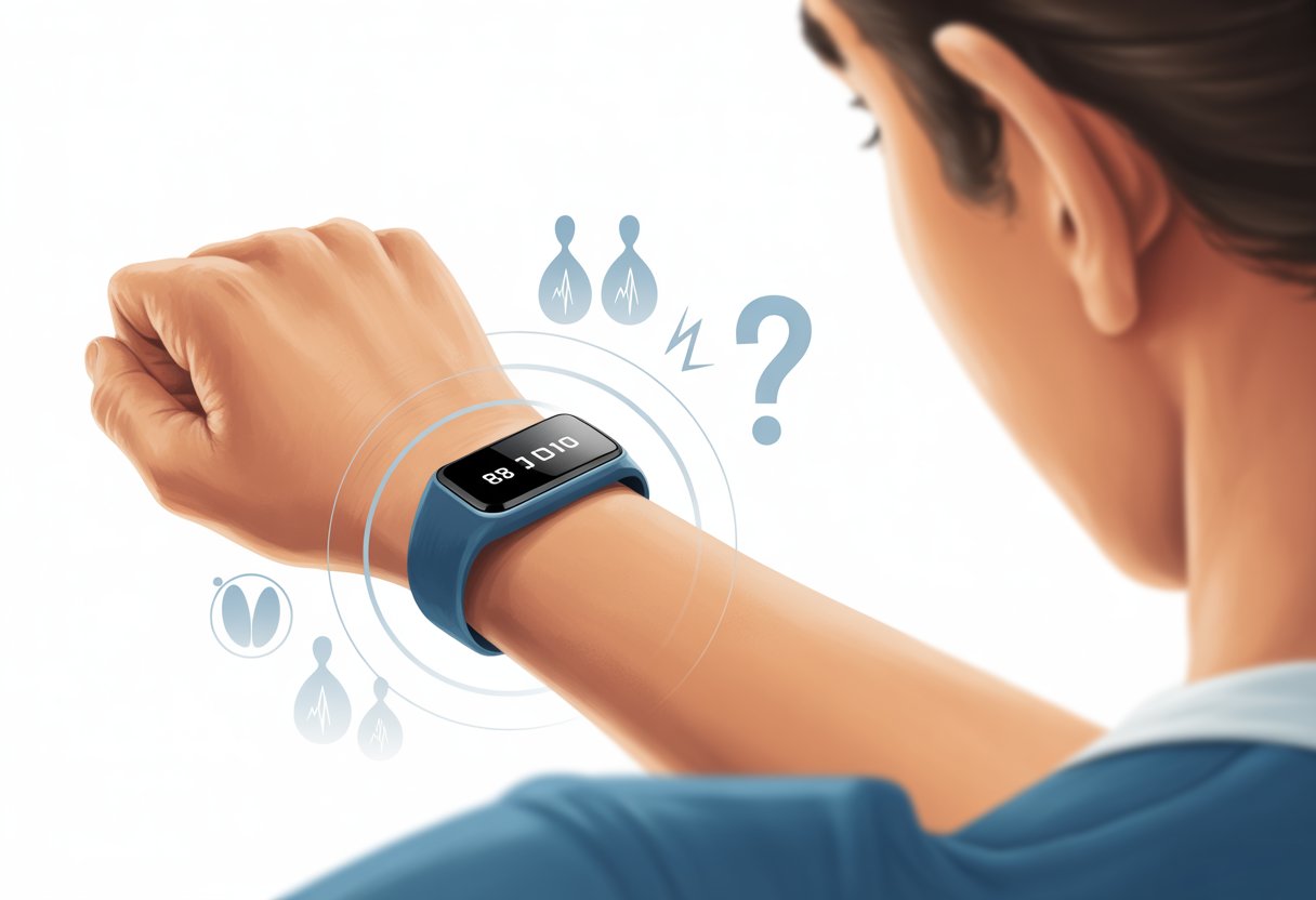 Close-up of a wrist wearing a fitness tracker with no blood oxygen data displayed, surrounded by icons representing health measurements and a question mark symbol.