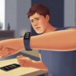 A person looking confused while checking their fitness tracker, which is not showing any text messages.