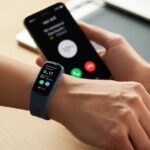 Why is my fitness tracker not showing missed calls? Because Even Gadgets Need a Break A person wearing a fitness tracker on their wrist while holding a smartphone showing a missed call notification.