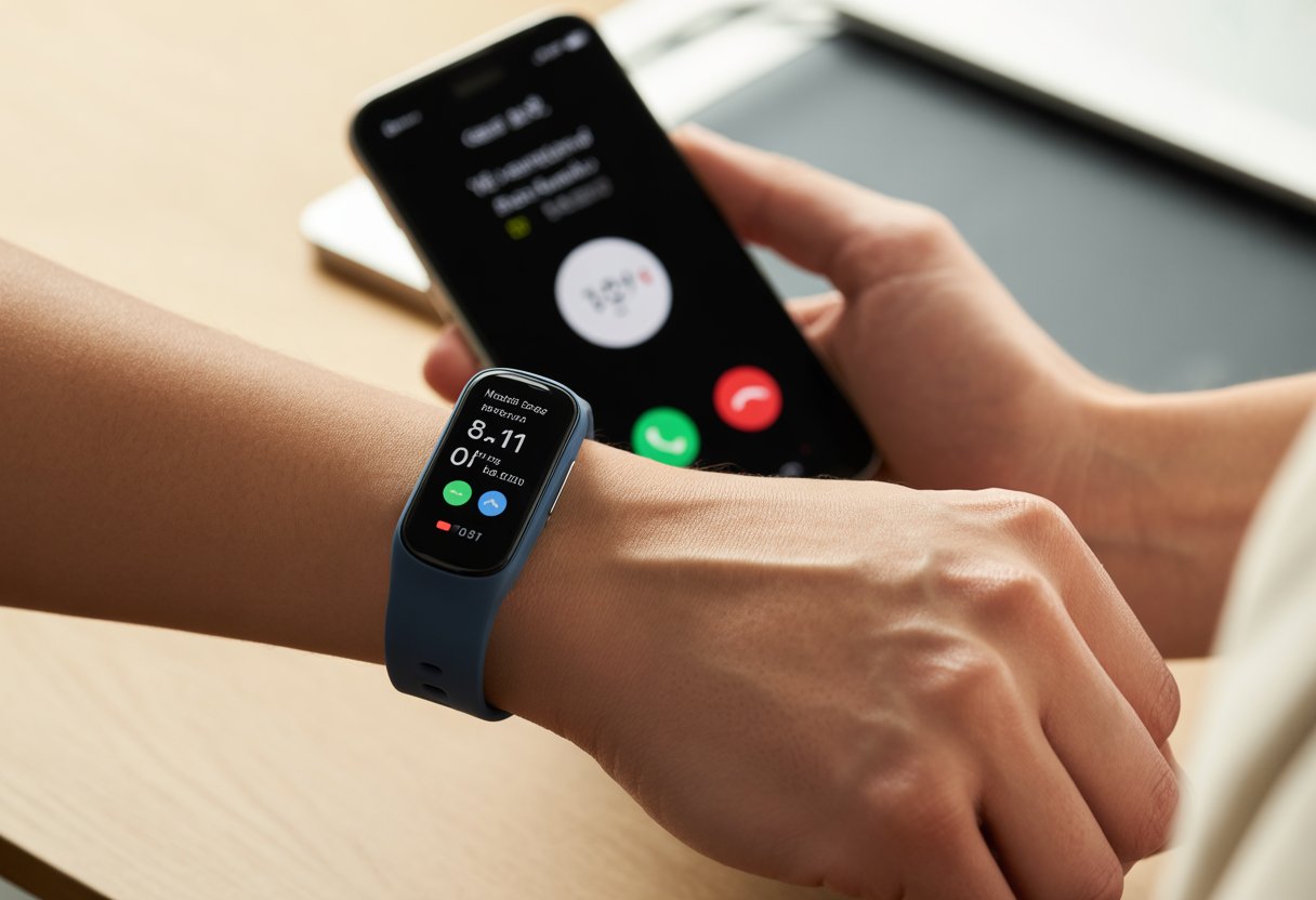 A person wearing a fitness tracker on their wrist while holding a smartphone showing a missed call notification.