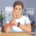 A person sitting at a desk looking at their fitness tracker on their wrist with a concerned expression.