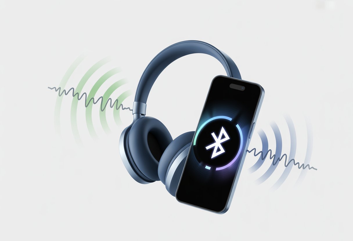 Bluetooth headphones and a smartphone showing fluctuating wireless connection signals indicating pairing and unpairing.