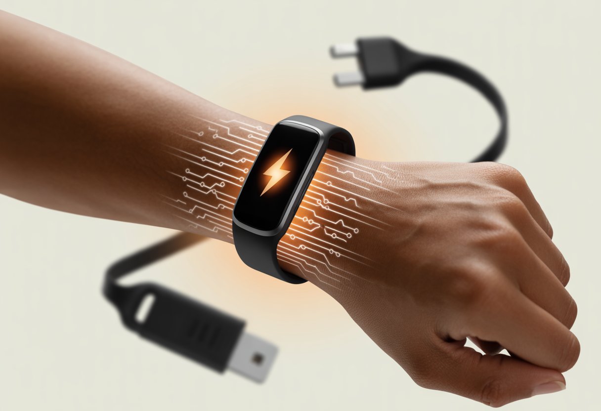 Close-up of a fitness tracker on a wrist with symbols indicating battery and charging issues around it.