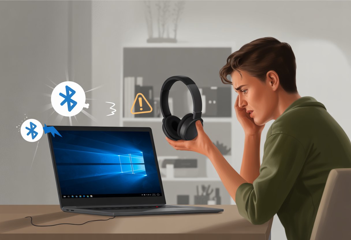 A person sitting at a desk holding Bluetooth headphones, looking confused while facing a laptop showing the Windows 10 desktop.
