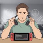 A person sitting at a table looking frustrated while holding Bluetooth headphones near a Nintendo Switch console showing a connection screen.