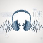 A pair of Bluetooth headphones surrounded by jagged sound waves and wireless signal icons indicating sound distortion.