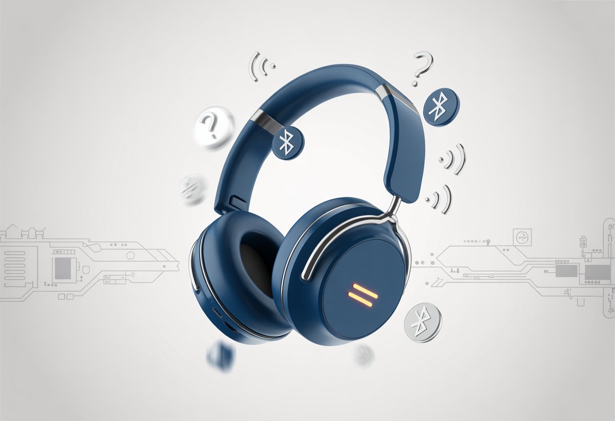 A pair of Bluetooth headphones floating with glowing indicators and digital symbols around them suggesting wireless connectivity and confusion.